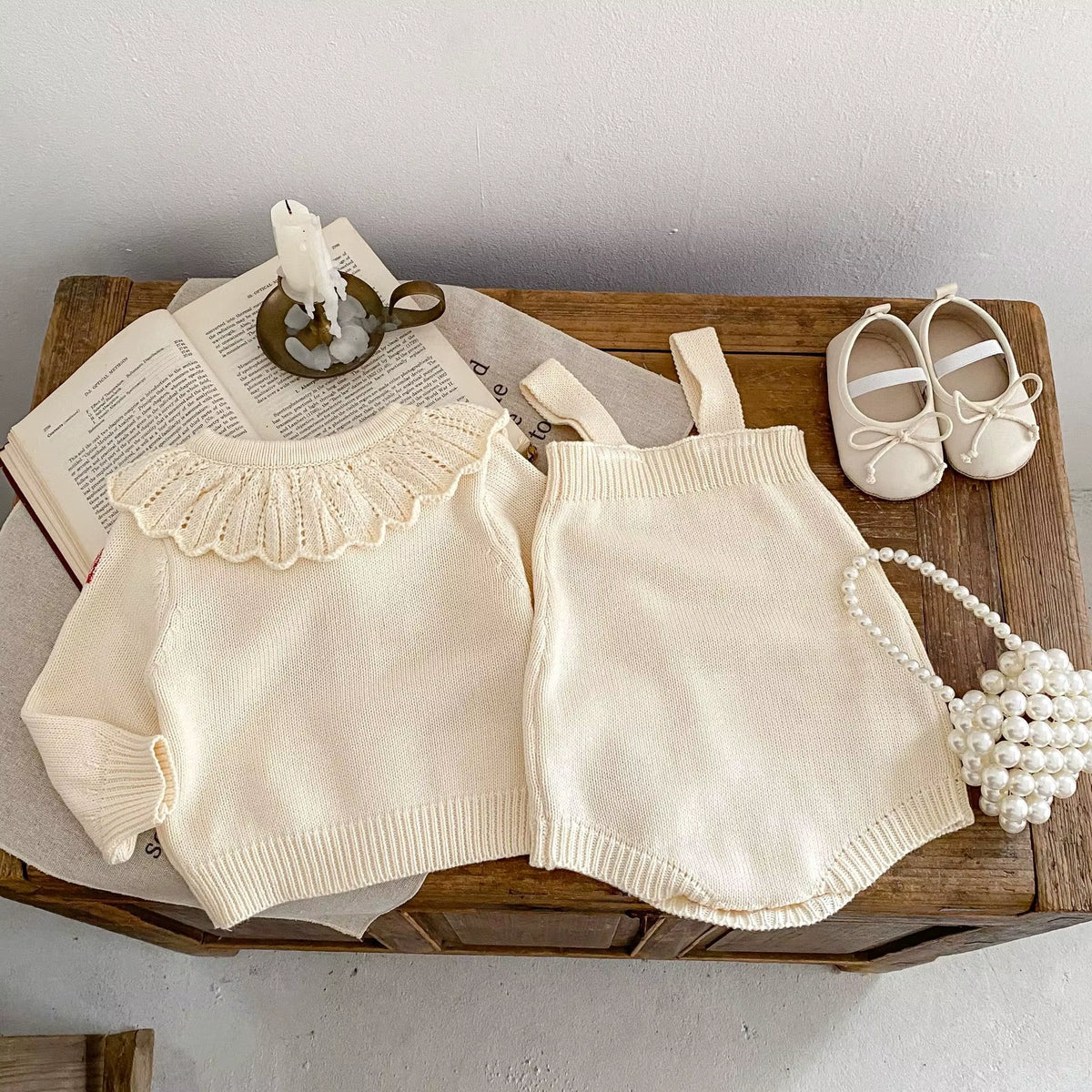 Lotusbloom – Embroidered Knit Top & Strap Romper Set for Baby Girls