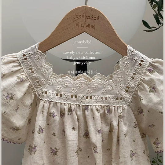 Petalpoise – Vintage Floral Square-Neck Romper for Baby Girls