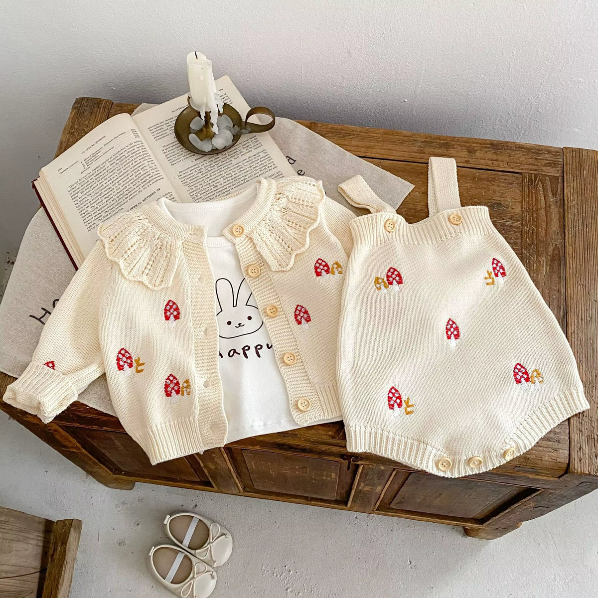 Lotusbloom – Embroidered Knit Top & Strap Romper Set for Baby Girls